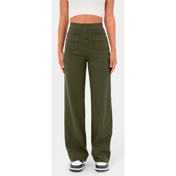 Halara High Waisted Straight Leg Sz Small Tall Womens Green Button Multi Pockets - Picture 1 of 14